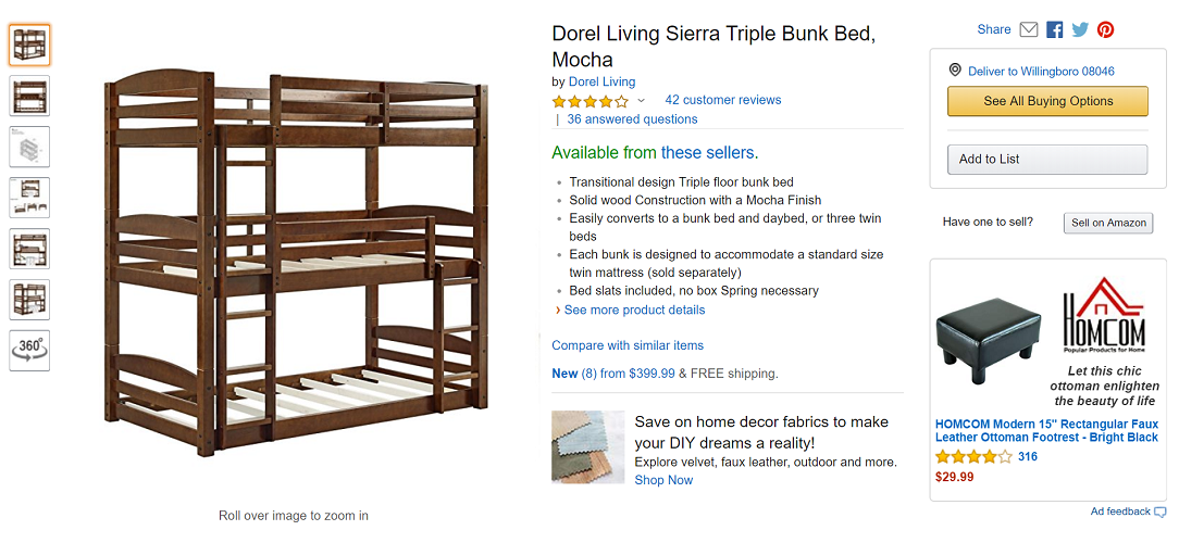 Dorel Living Sierra Triple Bunk Bed