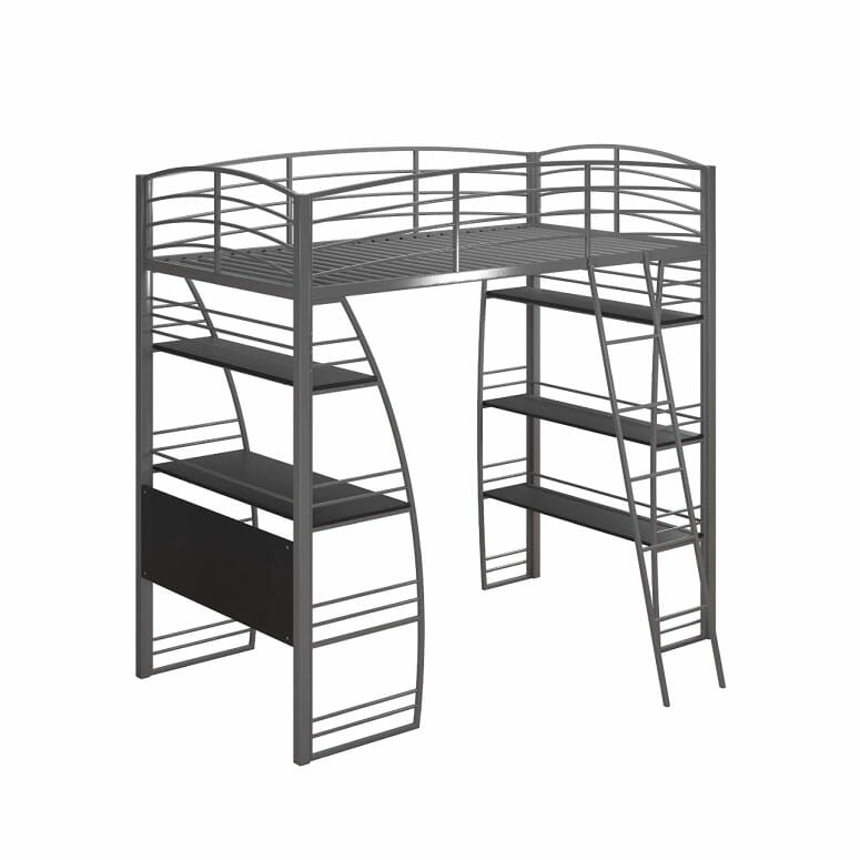 DHP Studio Loft Bunk Bed Over Desk and Bookcase with Metal Frame